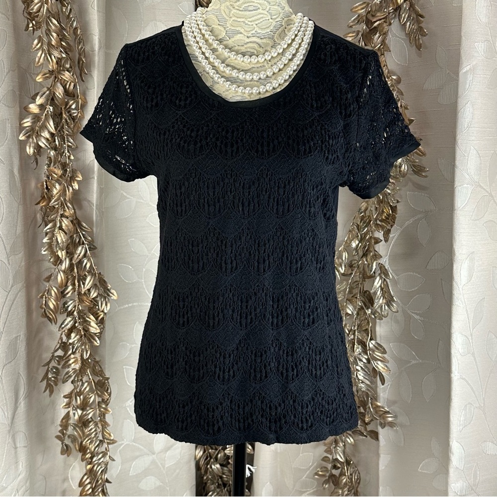 Verve Ami Black Crochet Knit Blouse | L | Scallop Boho Parisian‎ Cottagecore